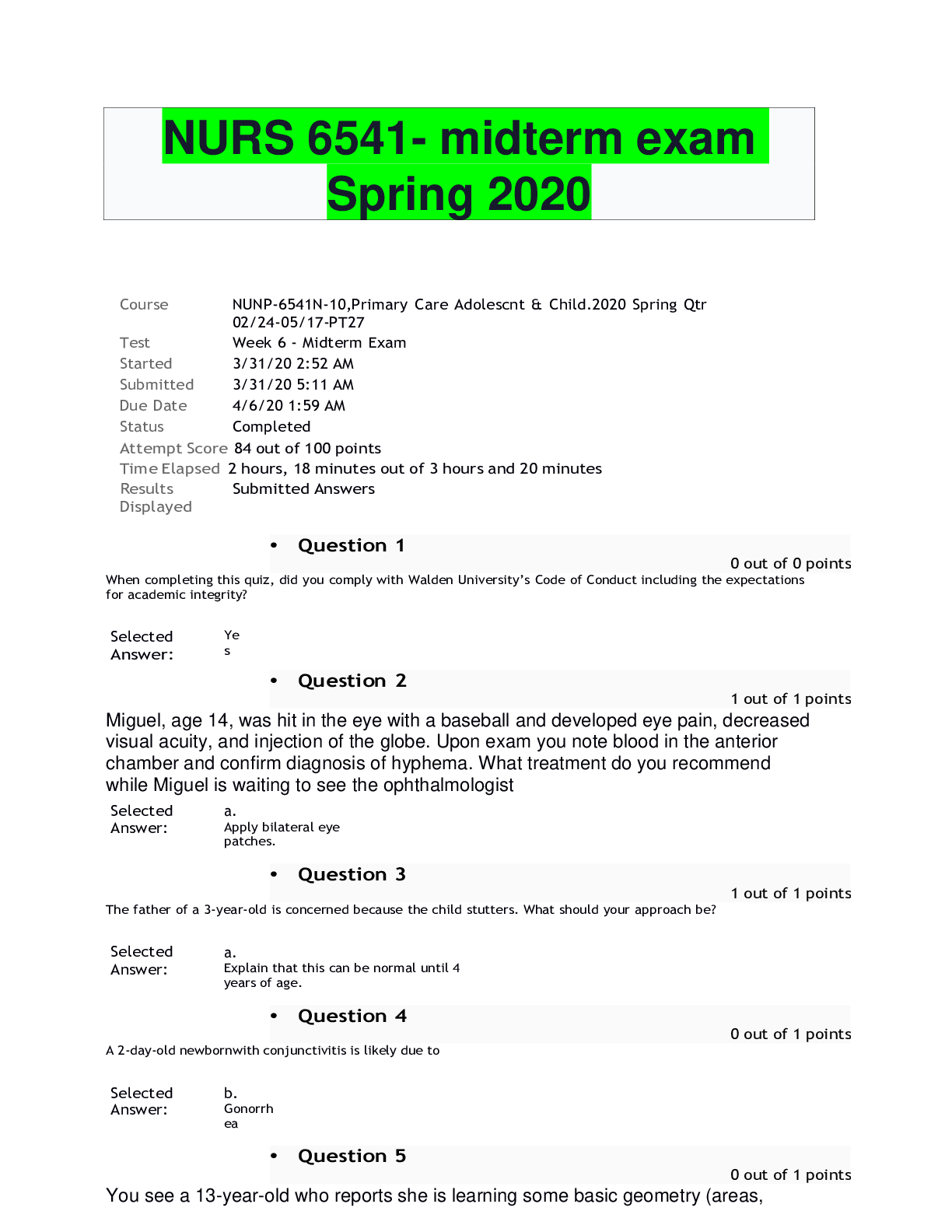 Preview image of NURS 6541- midterm exam Spring 2020 document